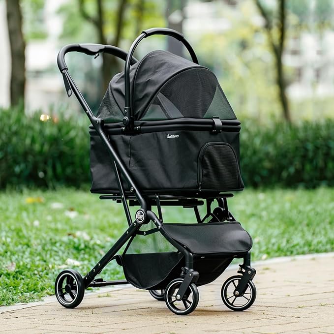 4 Wheels Pet Stroller, Dog Stroller for Small/Medium Dogs and Cats up to 33 lbs, One-Click Fold & Draggable, Removable Carrier, Zipperless Entry, Mesh Windows, Black-PurrikoPets