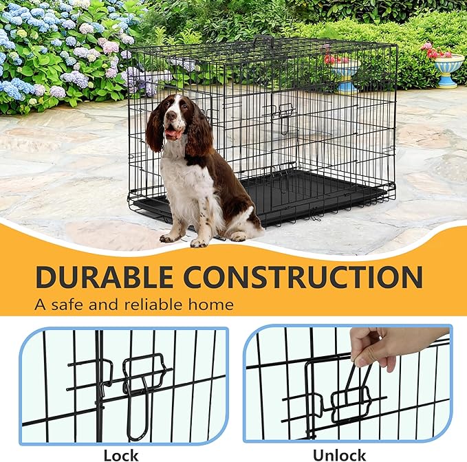 FDW Dog Crate Dog Kennel Cage with Double Door,36 inch Folding Metal Wire Dog Cage with Removable Tray&Divider Panel,Pet Crate for Medium Dogs,Black-PurrikoPets