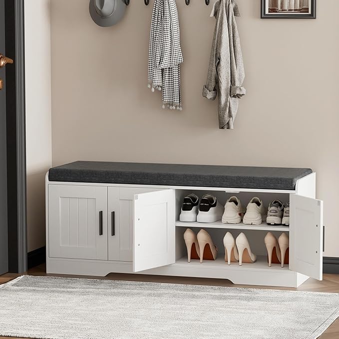 2-Tier Storage Bench, Shoe Bench with Thickened Padded Seat Cushion, Entryway Bench with 4 Doors, Adjustable Shelf, 13.8" D x 45.3" W x 18.5" H, for Entryway, Living Room, Bedroom, White-PurrikoPets
