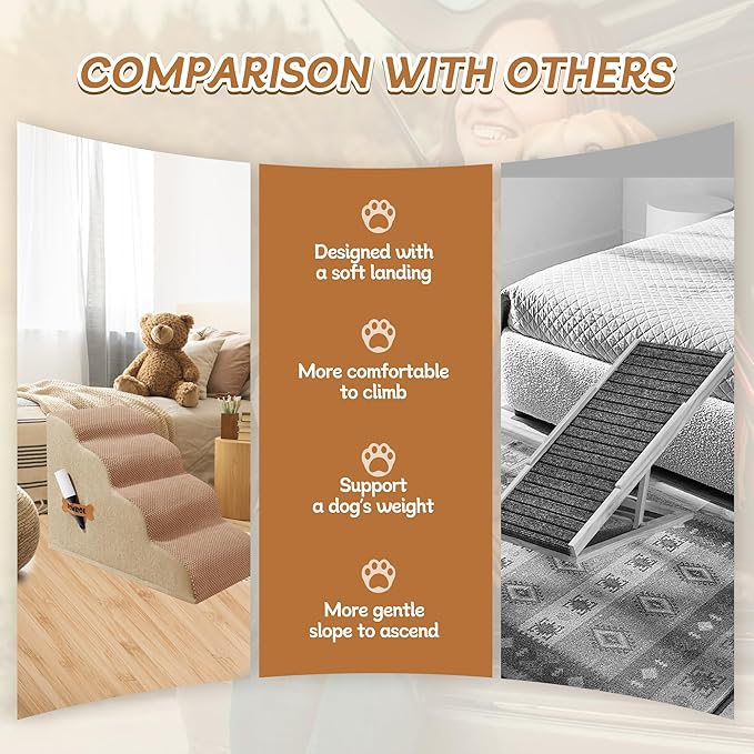 Dog Stairs, Romrol Dog Steps Ramp for High Bed and Couch, Dogs Ramp with Durable Non-Slip Waterproof Fabric Cover, Pet Stairs for Small Dogs and Cats or Pets Joints, 4-TiersLight Brown-PurrikoPets