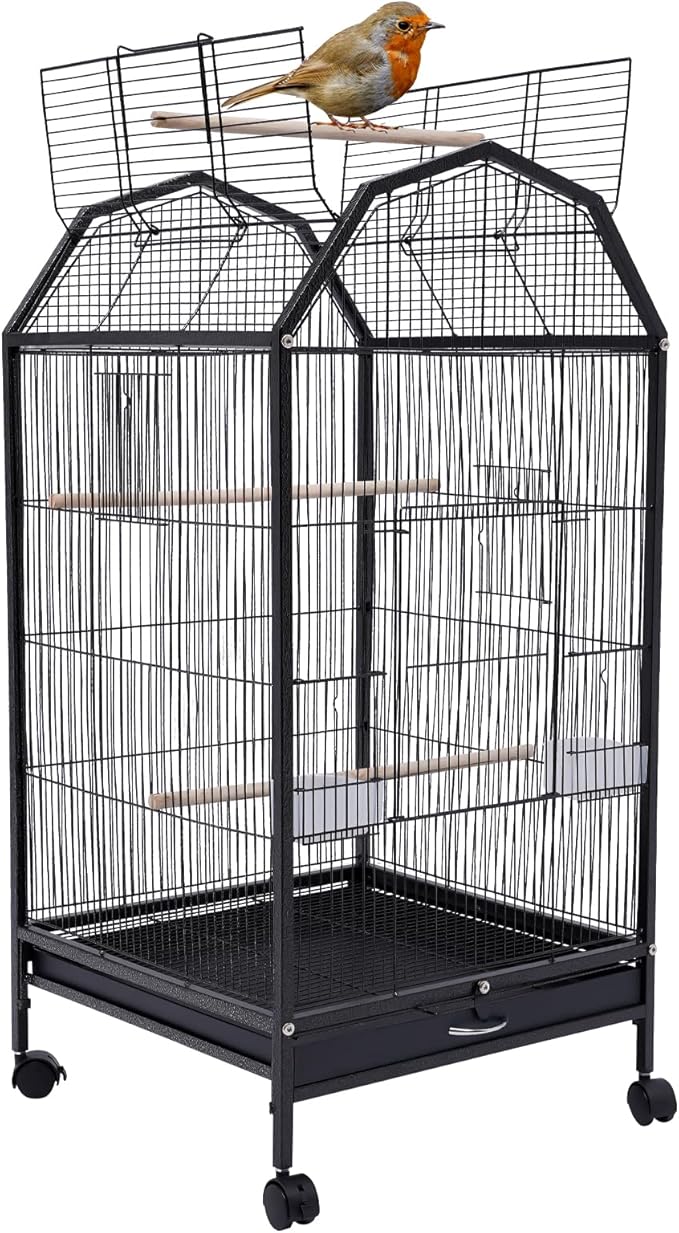 40-Inch Wrought Iron Bird Cage with Open-Top and Rolling Stand, Movable Parrot Cage Pet Bird Flight Cage, 360 Degree View Spacious Interactive Roof Pet Bird House for Medium&Small Birds-PurrikoPets