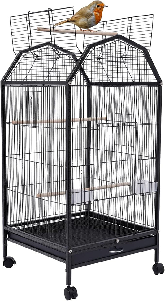 40-Inch Wrought Iron Bird Cage with Open-Top and Rolling Stand, Movable Parrot Cage Pet Bird Flight Cage, 360 Degree View Spacious Interactive Roof Pet Bird House for Medium&Small Birds-PurrikoPets