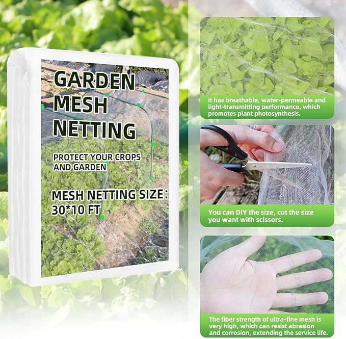 Garden Netting Kit, 10X30 Ft Garden Ultra Fine Mesh Net Bird Barrier Protection with Garden Hoops for Protect Garden Vegetables Flowers Shrubs Fruit Trees Indoors & Outdoors Plant Beds Greenhouse-PurrikoPets