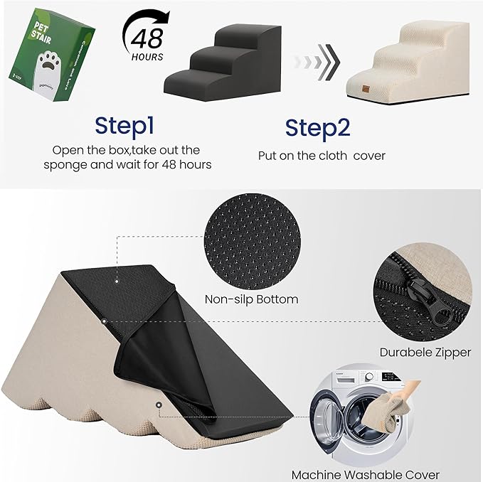 GoGoBunny Ramp Dog Stairs for High Beds 22.6" H, 5-Step Dog Slope Stairs with Durable Waterproof Fabric Cover, Pet Steps for Old Large Dogs Climbing, Non-Slip Sturdy Indoor Step, Beige-PurrikoPets