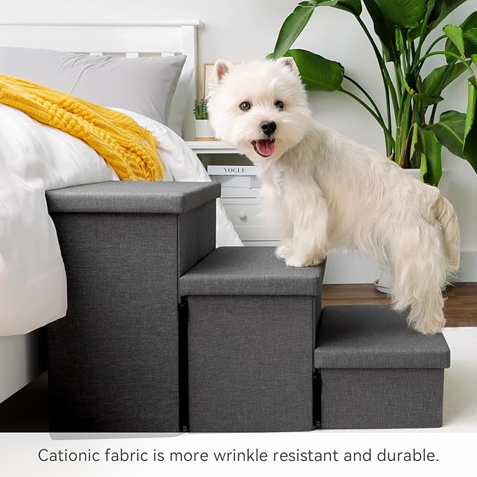 Dog Stairs with Storage 18" H, 3-Step Wider Dog Steps for Small/Medium/Large Old Dogs Cats, Folding Sturdy Pet Stairs Climbing Bed Couch, Ramp for Car Hold Up to 200 lbs (Dark Grey, No Condo)-PurrikoPets