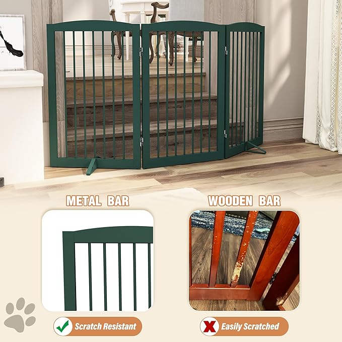 Freestanding Pet Gate for Dogs, Foldable Wooden Dog Gate for House Indoor, Step Over Pet Puppy Safety Fence for Stair, Doorway,Hall, Support Feet Included,3 Panels 32",Green-PurrikoPets