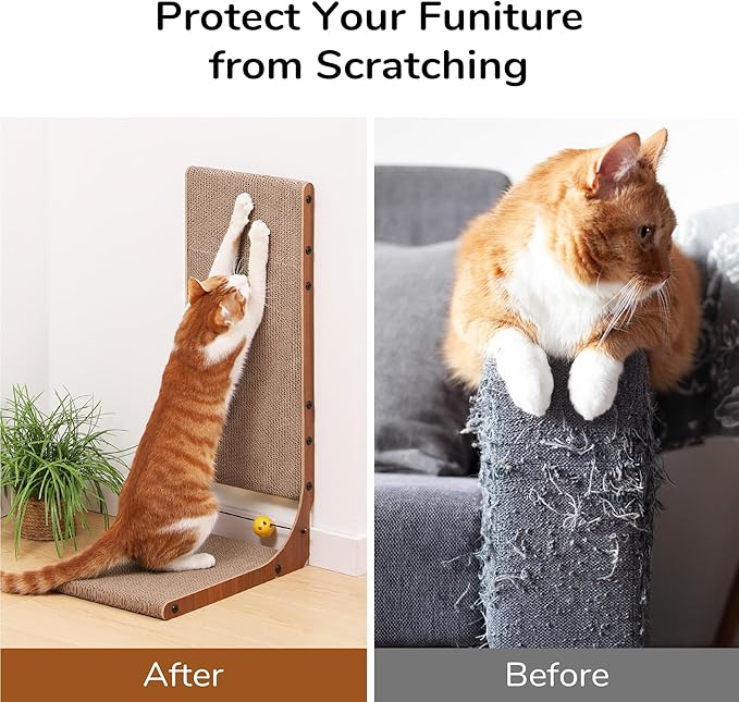 FUKUMARU Cat Scratcher, 26.8 Inch Cat Scratch Pad for Indoor Cats, L Shaped Cardboard Vertical Cats Scratching Board with Ball Toy, Walnut Color, 2 Packs-PurrikoPets