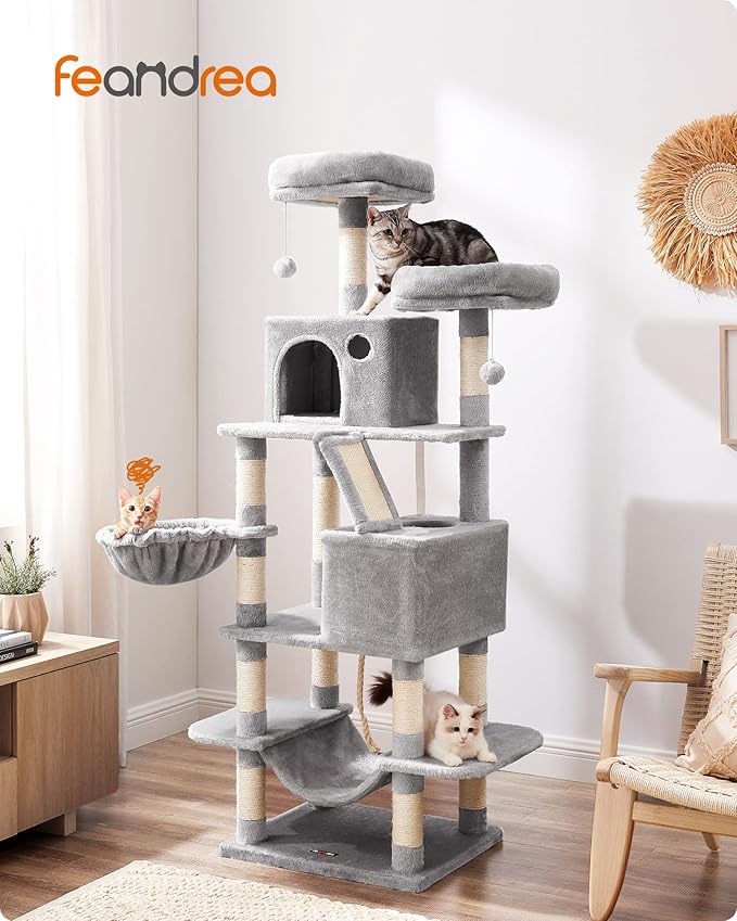 Feandrea Cat Tree, 66.1-Inch Large Cat Tower with 13 Scratching Posts, 2 Perches, 2 Caves, Basket, Hammock, Pompoms, Multi-Level Plush Cat Condo for Indoor Cats, Light Gray UPCT165W01-PurrikoPets