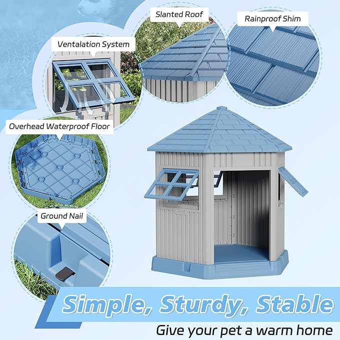 Durable Dog House Indoor Outdoor for Small Medium Dogs, Weatherproof Puppy Shelter with Elevated Floor & Air Vents, Easy Clean and Assemble (Blue, 36.61L*29.5W*37.4H)-PurrikoPets