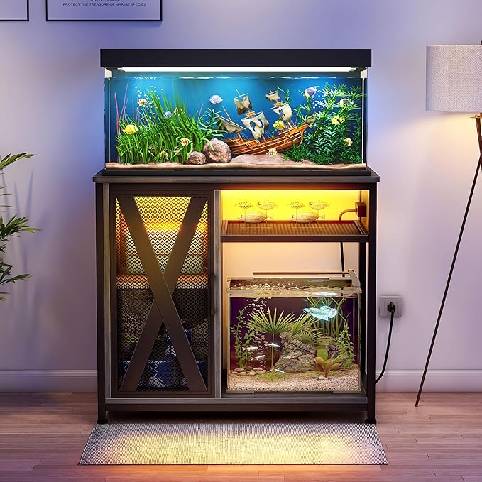 DWVO 40-50 Gallon Aquarium Stand with Power Outlets & LED Light, Cabinet for Fish Tank Accessories Storage - Metal Fish Tank Stand Suitable for Turtle, Reptile Terrarium, 660LBS Capacity, Grey-PurrikoPets