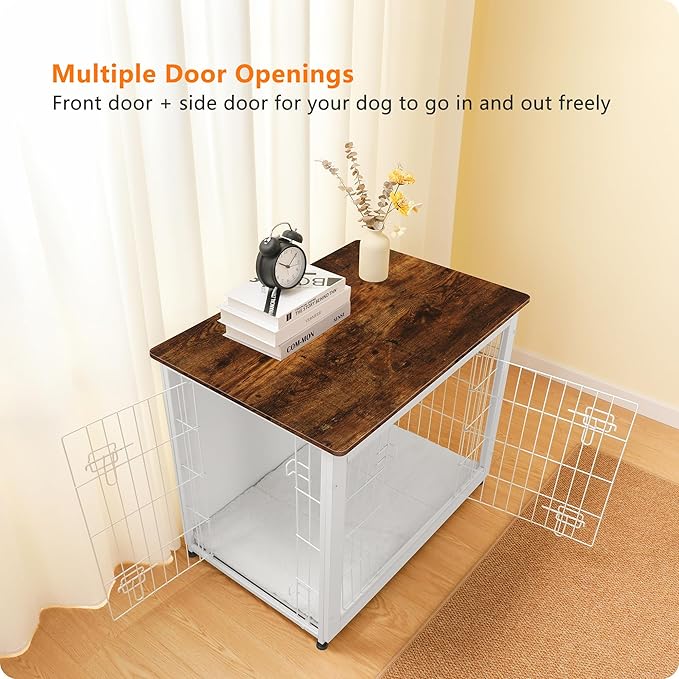 DWANTON Dog Crate Furniture with Cushion, Wooden Kennel Table with Double Doors, Indoor Dog House, Medium Size, 32.5" L, White+Rustic Brown-PurrikoPets