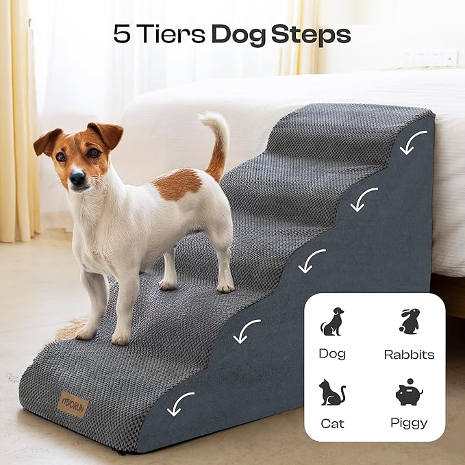 Dog Stairs for High Beds Up to 30", Extra-Tall 24.5" 5-Step Foam Pet Ramp with Washable Cover, Gentle Slope Steps, Bed & Couch Ladder for Small Medium Dogs & Senior Cat, Puppy Climbing Stairs-PurrikoPets