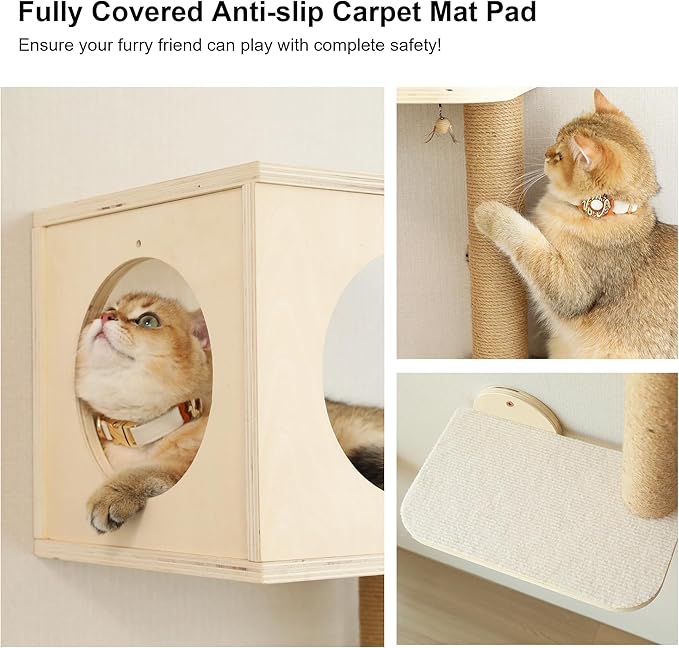 FUKUMARU Cat Wall Shelves, 5-Piece Stable Wooden Wall-Mounted Furniture Set, Kitty Climber with Hammock, House, Steps, Scratching Post (Beige)-PurrikoPets