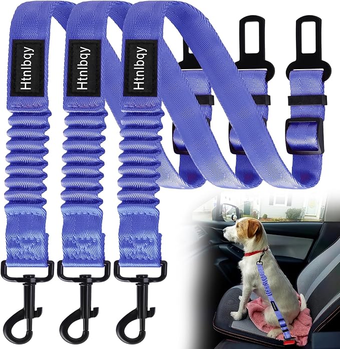 3 Pack Thickened Dog Seat Belt, Set Retractable Dog Car Adjustable Seatbelts for Vehicle Nylon Pet Safety Heavy Duty & Elastic & Durable Car Harness for Dogs, Blue-PurrikoPets