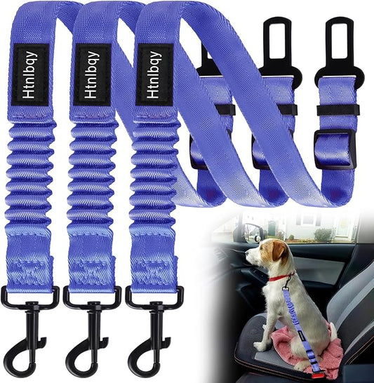 3 Pack Thickened Dog Seat Belt, Set Retractable Dog Car Adjustable Seatbelts for Vehicle Nylon Pet Safety Heavy Duty & Elastic & Durable Car Harness for Dogs, Blue-PurrikoPets