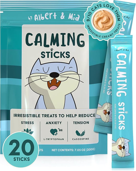 ALBERT & MIA Calming Sticks Lickable Calming Cat Treats for Stress and Anxiety Relief for Cats, Irresistible - Vet Recommended (Sleeping Aid, Vet Visits, Grooming, Car Rides, Plane) 20 Pack-PurrikoPets