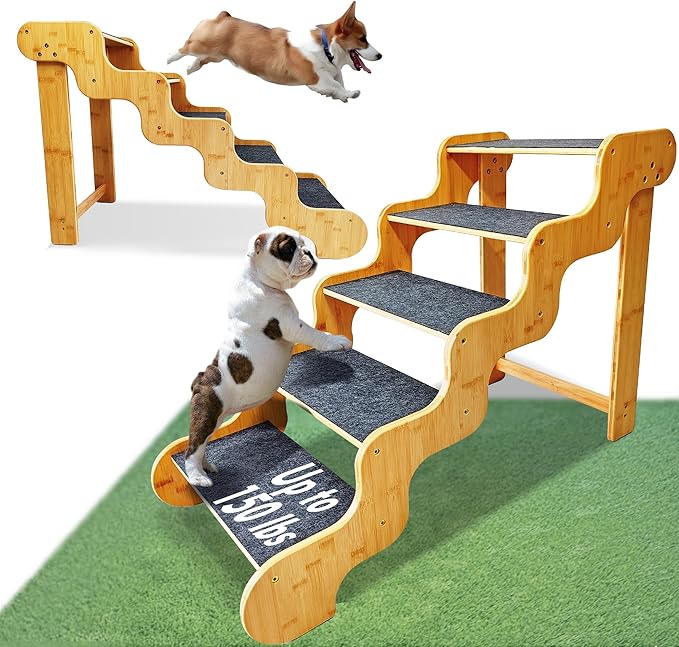 Dog Steps for Bed,24 Inches 5 Step Dog Stairs for Senior Pets to Get On 30 Inches High Beds/Car,Made of Bamboo Can Support Large Dogs Weighing Up to 160 LB-PurrikoPets