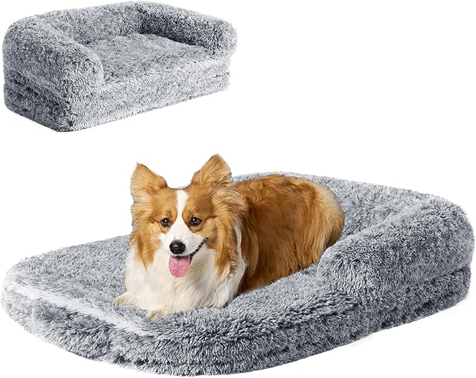 EHEYCIGA Foldable XL Dog Bed, Faux Fur Fluffy Pet Couch Bed for Large Dogs, Orthopedic Calming Memory Foam Big Pet Bed, Washable Soft Pet Sofa Bed with Non-Slip Bottom, Grey, 46"x34"x6.5"-PurrikoPets