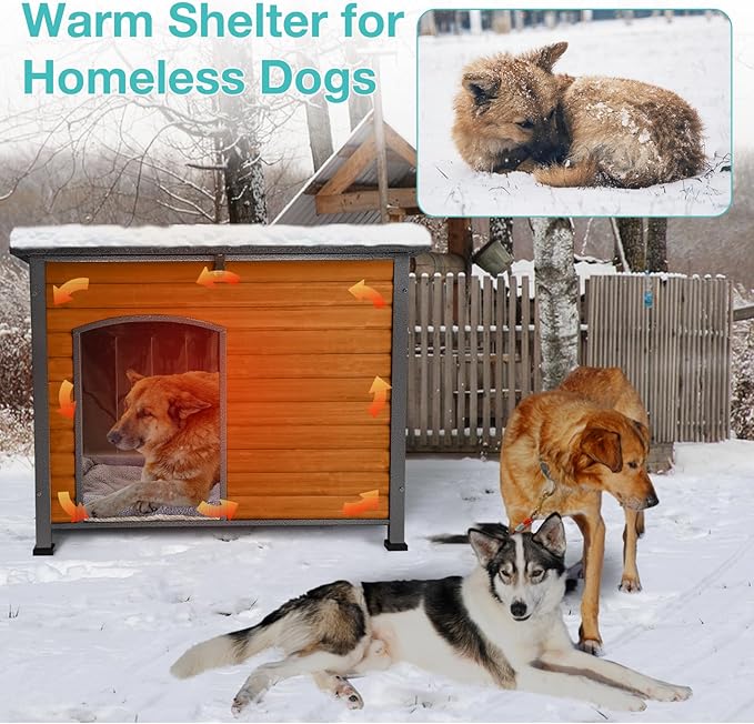 Feral Dog House Outdoor,Anti Bite Iron Frame Dog Kennel,Wood Warm Pets Home,Insulated Weatherproof Outside Shelter for Feral Animal (43.3" (L) x 29.4" (W) x 33.4" (H)-Brown-in)-PurrikoPets