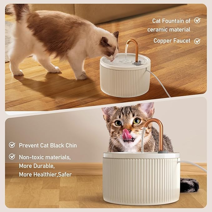DOOOB Ceramic Cat Water Fountain, 2.1L/71oz Ceramic Cat Fountains, Automatic Pet Water Fountain for Cats, Pet Water Fountain with Ultra-Quiet Pump and 3 Filters & 3 Sponges (Beige)-PurrikoPets