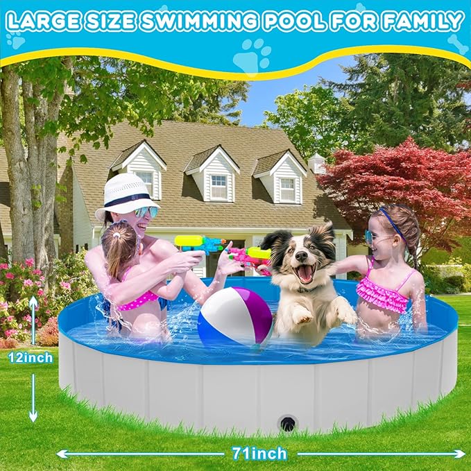 Extra Large Foldable Dog Pool,71"x 12" Portable Anti-Slip Kiddie Pool Hard Plastic, Swimming Pool for Dogs Cats and Kids Pet Puppy Bathing Tub-PurrikoPets