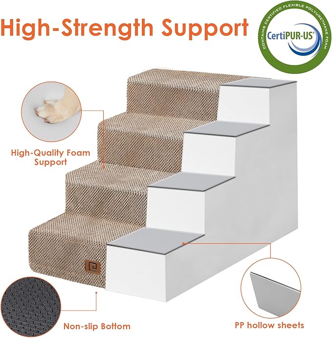 EHEYCIGA Dog Stairs for Bed 20" H, 4-Step Extra Wide Dog Steps for High Bed, Pet Steps for Small Dogs and Cats, Non-Slip Balanced Pet Ramp Indoor, Camel-PurrikoPets