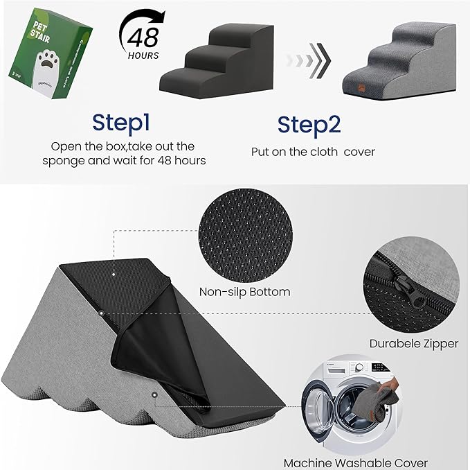 GoGoBunny Ramp Dog Stairs for High Beds 22.6" H, 5-Step Dog Slope Stairs with Durable Waterproof Fabric Cover, Pet Steps for Old Large Dogs Climbing, Non-Slip Sturdy Indoor Step, Grey-PurrikoPets