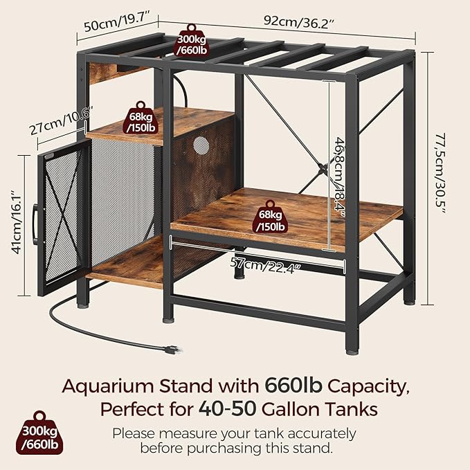 40-50 Gallon Fish Tank Stand, Aquarium Stand with Power Outlet and Storage Cabinet, Heavy Duty Tank Stand Suitable for Turtle Tank, Reptile Terrarium, for Home Office, Rustic Brown FTHR50E01-PurrikoPets