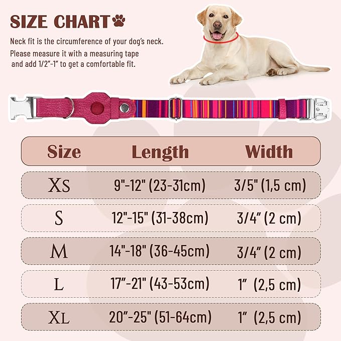 AirTag Dog Collar for Small Medium Large Breed - Adjustable Cute Pattern Dog Collar with Airtag Holder - Soft Leather Tracker GPS Apple Air Tag Pet Collars (Large, 17"-21" Neck Fit, Striped)-PurrikoPets