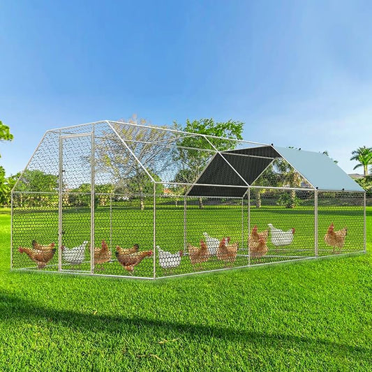 4ever2buy Large Metal Chicken Coop with Run Walk-in Poultry, Cage Chicken Runs House Pen Cage, Flat Roofed Chicken Coops with Anti-Ultraviolet Cover for Outdoor, Yard Farm, Use 9.2’Lx18.7’Wx6.4’H-PurrikoPets