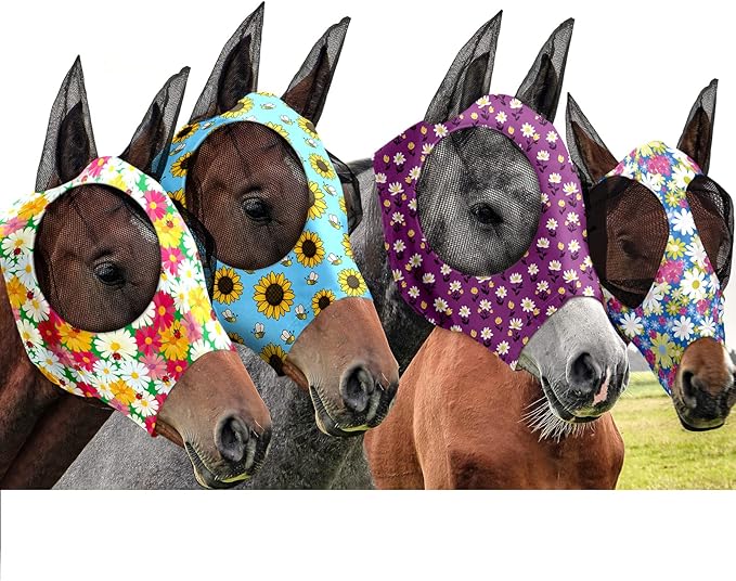 Frienda 4 Pieces Horse Fly Masks with Ears Face Covering UV Protection from Insect Pests Elasticity Smooth Comfortable Mesh Horse Mask Accessories(Flower,Large)-PurrikoPets