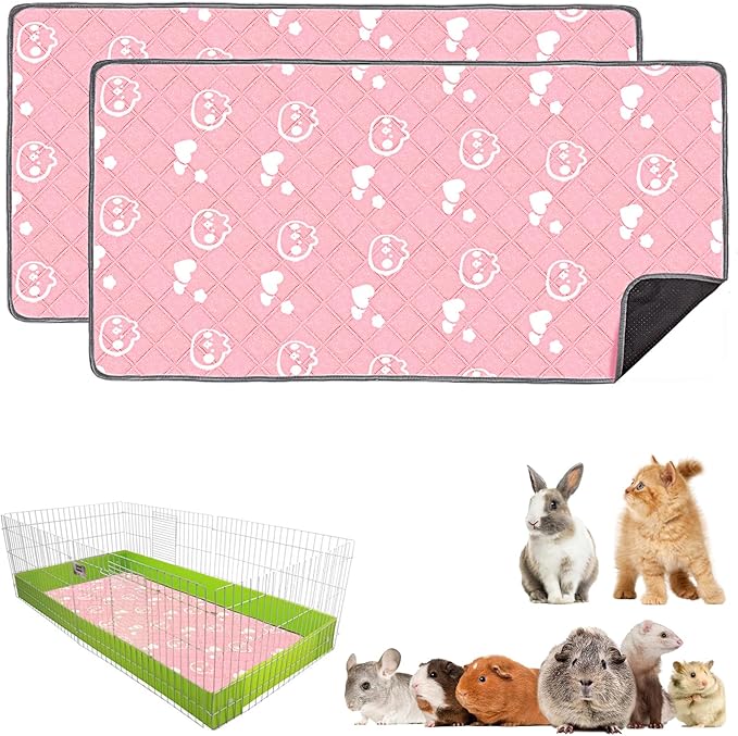 2 Pack Guinea Pig Bedding - Washable Guinea Pig Liner for Midwest Cage, Waterproof Reusable & Anti Slip Pee Pads Super Absorbent Mats for Small Animals Rabbit Hamster Rat (Pink, 48 x 24 Inch)-PurrikoPets