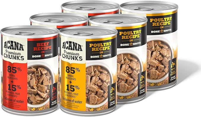 ACANA Premium Chunks in Bone Broth Grain-Free Wet Dog Food Variety Pack: Beef + Poultry Recipes 12.8oz Cans (6 Count, 3 of Each)-PurrikoPets
