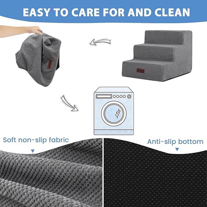 Dog Stairs for Small Dogs & Cats, 3-Step Non-Slip Pet Steps for Couch Sofa and Chair, Grey, 13.6" H-PurrikoPets