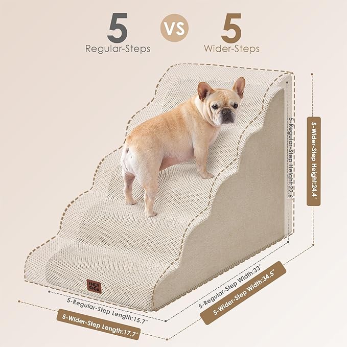 EHEYCIGA Curved Dog Stairs Ramp for High Beds, 5-Step Extra Wide Dog Steps for Small Dogs and Cats, Pet Stairs for High Bed Climbing, Non-Slip Balanced Pet Step Indoor, Beige-PurrikoPets