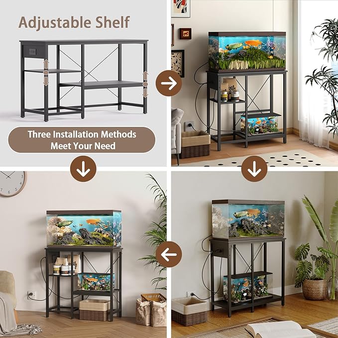 20-29 Gallon Fish Tank Stand with Power Outlet & LED Light, Metal Aquarium Stand with 3 Tier Adjustable Storage Shelves, Tank Stand for Reptile Tank, Turtle Tank, 30.7" L*13.8" W, Black-PurrikoPets