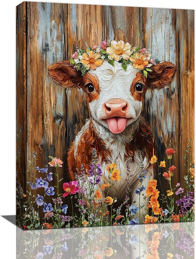 Funny Cow Bathroom Pictures Wall Art, Rustic Brown Cute Cow Bathroom Wall Decor, Farmhouse Floral Framed Painting Animal Flower Canvas Artwork for Bedroom Living Room Decorations 20"L x 16"W-PurrikoPets