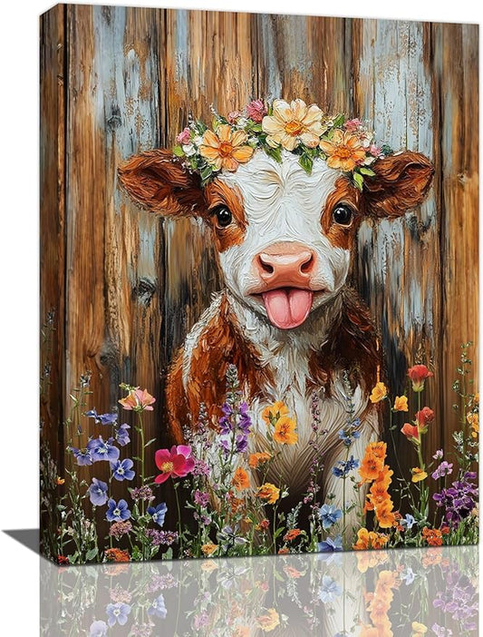 Funny Cow Bathroom Pictures Wall Art, Rustic Brown Cute Cow Bathroom Wall Decor, Farmhouse Floral Framed Painting Animal Flower Canvas Artwork for Bedroom Living Room Decorations 20"L x 16"W-PurrikoPets