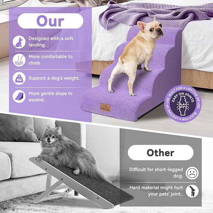 Dog Ramp and Stair for Bed 16" H-20 H,3-Step Cat Stair for Sofa and Chair,4-Step Dog Ramp for High Bed and Window,Durable Nonslip Fabric Cover for Indoor (Purple-20 H, Pet Friendly, 4)-PurrikoPets