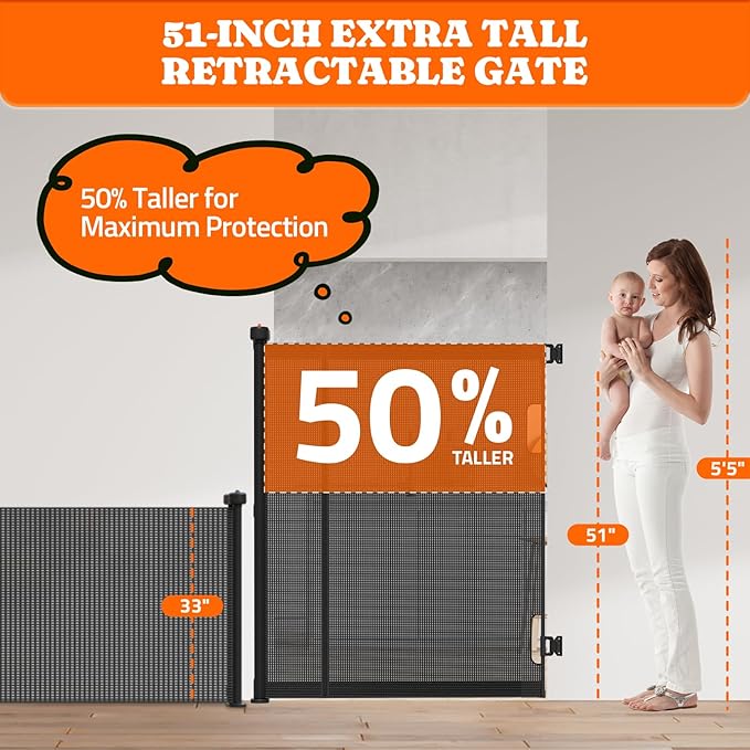 Extra Tall Retractable Baby Gates: 51" High Pet Gate, Extend up to 71" Wide, Mesh Baby Gate with Support Rods Jump-Proof Design for Cats & Large Dogs Tall Dog Cat Gate Indoor Outdoor, Black-PurrikoPets