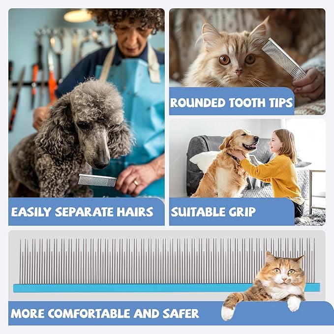 8.5 Inch Upgrade Blue Professional Pet Comb,Dual-Tooth Grooming Comb Anti-Static Smooth Rounded Corners Prevent Friction Breakage and Irritation,Removing Excess Hair for Long-Haired Cats and Dog-PurrikoPets