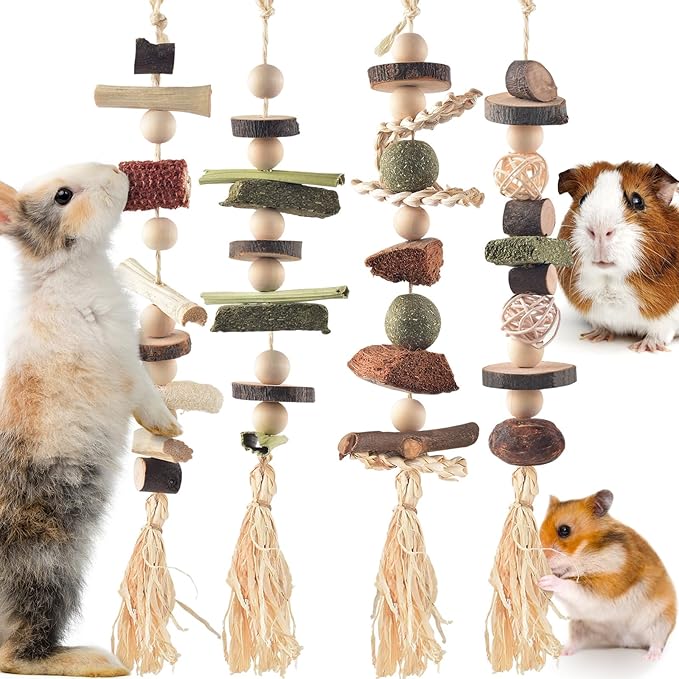 4 Pcs Bunny Chew Toys for Teeth, Hanging Rabbit Chewing Toy Treats with Timothy Grass & Natural Apple Wood, Improve Small Rodent Dental Health for Guinea Pig Hamster Chinchilla Rat Gerbil-PurrikoPets