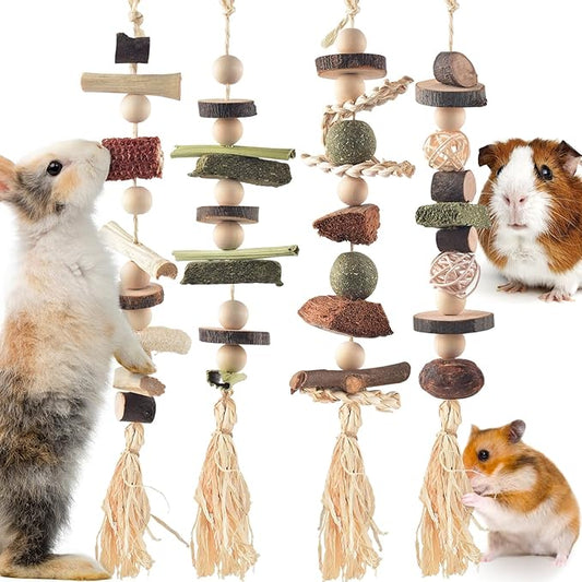 4 Pcs Bunny Chew Toys for Teeth, Hanging Rabbit Chewing Toy Treats with Timothy Grass & Natural Apple Wood, Improve Small Rodent Dental Health for Guinea Pig Hamster Chinchilla Rat Gerbil-PurrikoPets