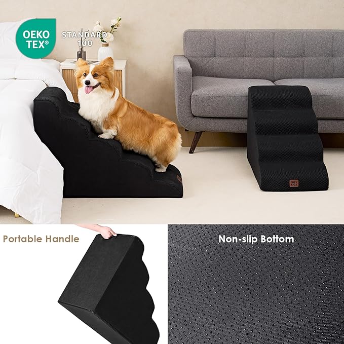 EHEYCIGA Curved Dog Stairs Ramp for High Beds 22.6" H, 5-Step Dog Steps for Small Dogs and Cats, Pet Stairs for High Bed Climbing, Non-Slip Balanced Pet Step Indoor, Black-PurrikoPets