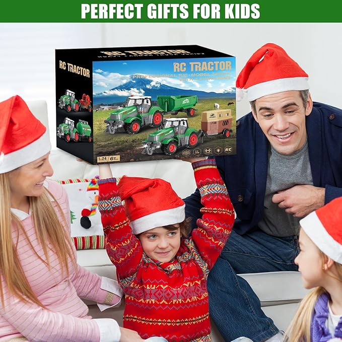 fisca Remote Control Tactor Toy Set & 33PSC Farm Vehicle Playset - Animal Figurines ,2.4GHz 1/24 Scale RC Tractor,Livestock Trailer, Fence with Light for Kids Age 4, 5, 6, 7 and Up Years Old-PurrikoPets