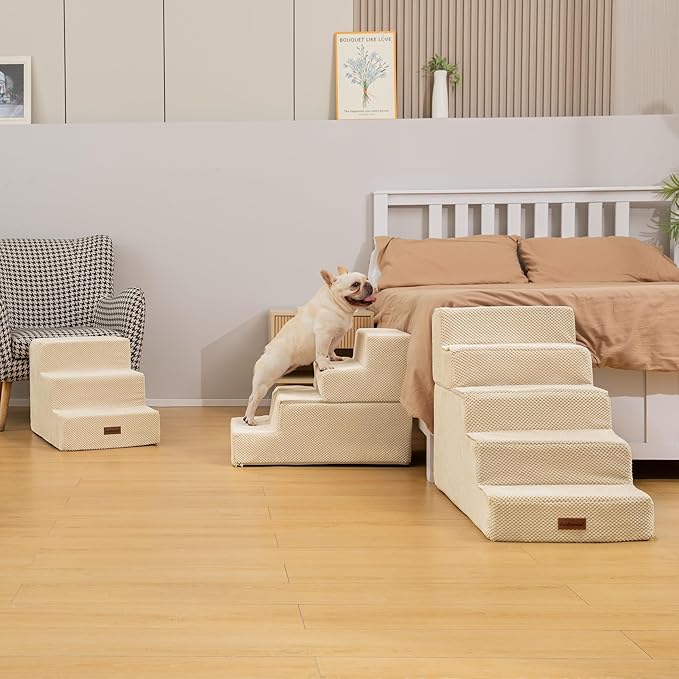 Dog Stairs for Small Dogs & Cats, 3-Step Non-Slip Pet Steps for Couch Sofa and Chair, Beige, 13.6" H-PurrikoPets