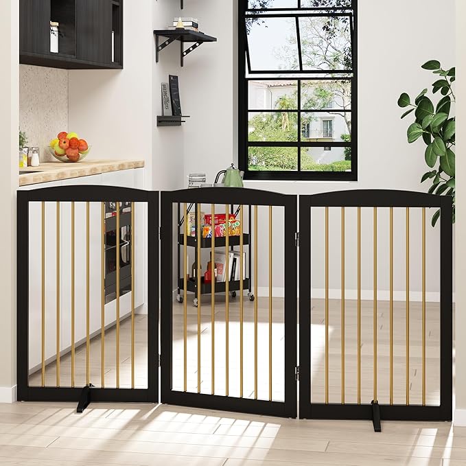 Freestanding Pet Gate for Dogs, Foldable Wooden Dog Gate for House Indoor, Step Over Pet Puppy Safety Fence for Stair, Doorway,Hall, Support Feet Included,3 Panels 32",Black&Gold-PurrikoPets