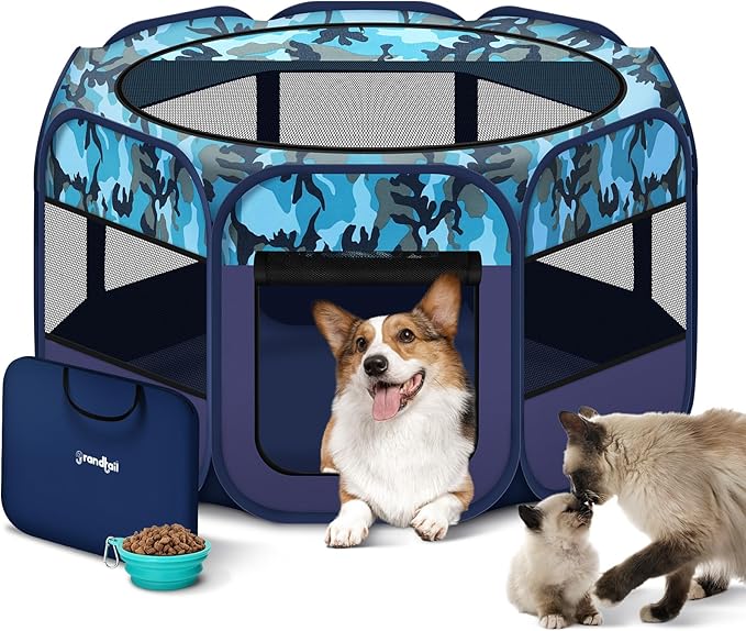 Dog Playpen, Pet Playpen, Portable Cat Playpen, Foldable Puppy Playpen Exercise Kennel Tent with Carry Case Collapsible Bowl,Water-Resistant Shade Cover for Indoor Outdoor Travel （Bule,Medium）-PurrikoPets