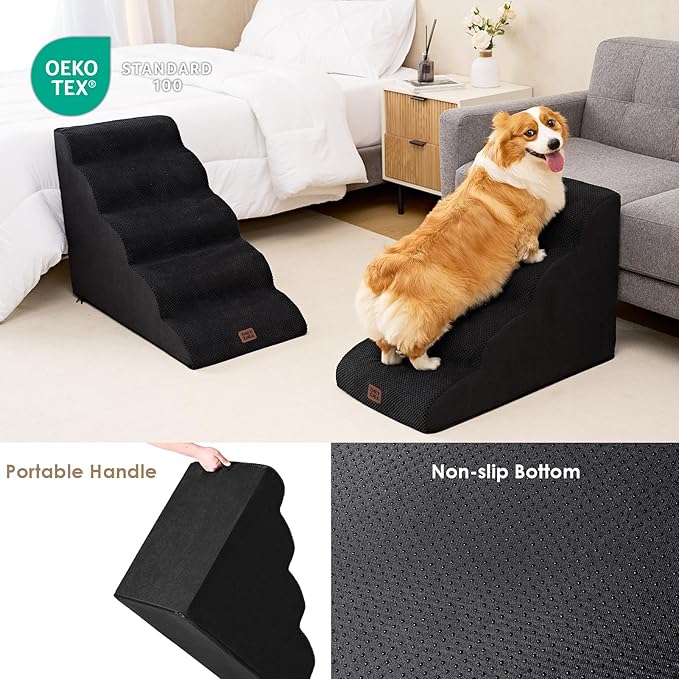 EHEYCIGA Curved Dog Stairs Ramp for High Beds 19.7" H, 4-Step Dog Steps for Small Dogs and Cats, Pet Stairs for High Bed Climbing, Non-Slip Balanced Pet Step Indoor, Black-PurrikoPets