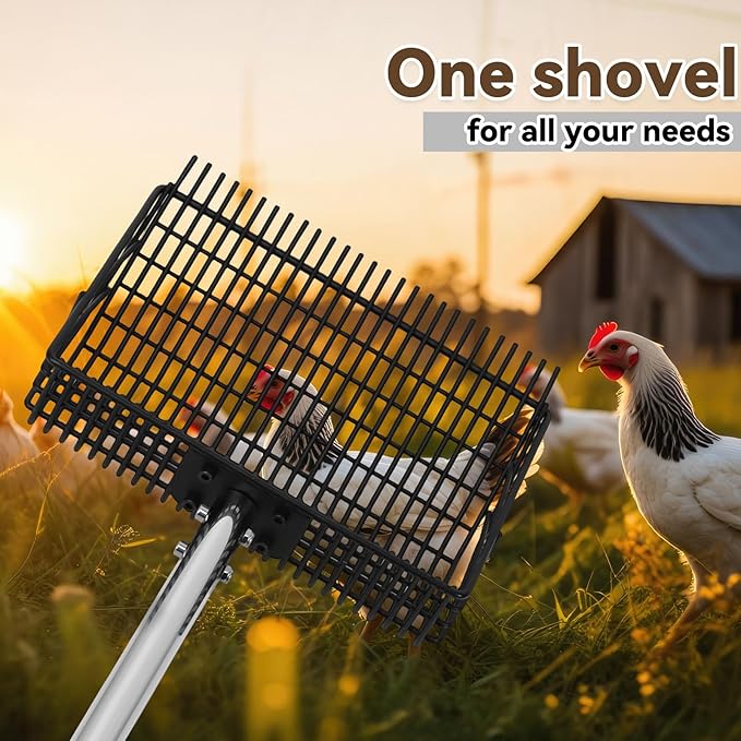 2 in 1 Chicken Poop Scooper Rake , 2 Rakes and 4 Sections Adjustable Stainless Steel Handle 37.4 - 68.9 Inch, Litter Scoop Chicken Coop Scoop for Animal Farm and Poultry Habitats with Gloves-PurrikoPets